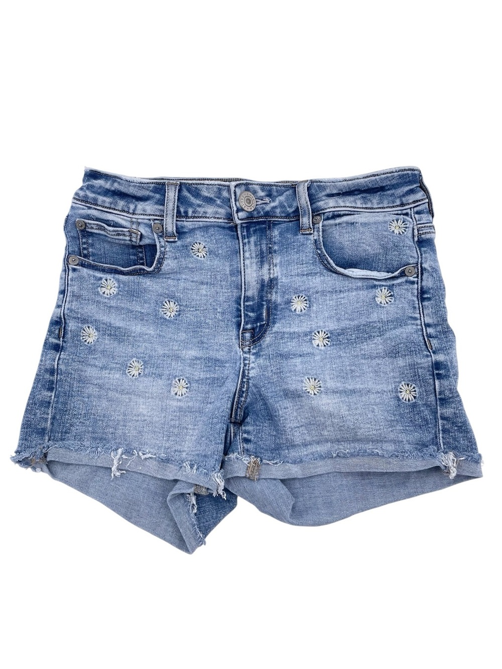 American Eagle Hi-Rise Shortie Size 4 Daisy Embroidered Denim Jean Shorts Cotton
